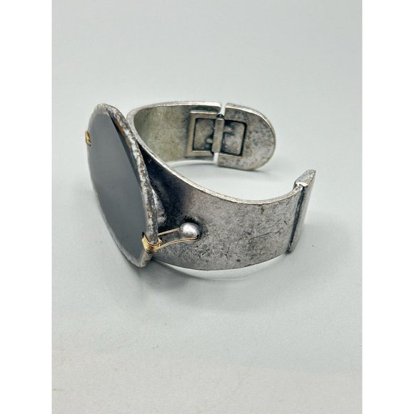 Unusual Black Stone Slab Cuff Bracelet Silver Tone Hinged Side Statement Cuff - Picture 3 of 11